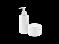 White cosmetic pump bottle and cream jar isolated on transparent background, ready for skincare product design, packaging mockups, beauty branding, print-on-demand, and e-commerce use.