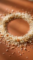 Circular arrangement of coarse brown sugar granules on warm tan surface with scattered crystals, creating textured border around empty center space for baking and culinary design projects.