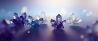 Sparkling amethyst and clear quartz crystals arranged on a soft purple bokeh background, evoking healing energy and spiritual wellness themes.