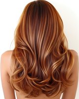 Back view of long wavy copper hair with blonde highlights and balayage technique showing modern trendy hairstyle and professional coloring result.