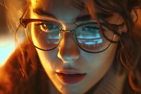 Young woman in round glasses illuminated by dramatic orange and blue lighting, with intense gaze and red lips creating mysterious atmospheric portrait.