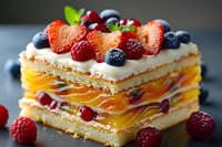 Layered pastry dessert with fresh peaches, berries and cream filling, garnished with strawberries, raspberries, blueberries and mint leaves on dark background.