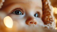 Close up macro shot of bright blue eyes and nose of young child with soft bokeh lights and warm tones creating dreamy atmosphere for childhood memories and innocence.