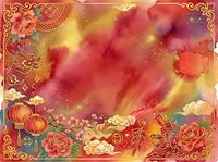 Watercolor background with red, gold, and yellow hues featuring ornamental Asian design elements, lanterns, and floral motifs for festive celebrations and cultural events.