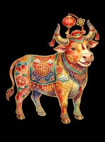 Festive ox decorated with traditional ornaments, lantern, and floral patterns isolated on transparent background. For T-shirts, stickers, sublimation, clipart, print on demand.