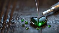 Liquid stream pouring into green heart-shaped droplet on dark wooden surface with small emerald water drops scattered around, macro photography.