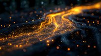 Glowing orange energy streams flow across dark textured surface with floating light particles creating magical atmospheric effect against black background.