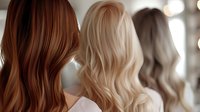 Three women with different hair colors - auburn, blonde, and ash brown - showing back view of long wavy hairstyles in salon setting.