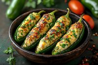 Grilled jalapeno peppers stuffed with melted cheese and herbs in rustic ceramic bowl, garnished with fresh parsley and cherry tomatoes. Mexican cuisine.