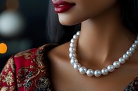 Close up of Asian woman wearing pearl necklace and red lipstick against dark background with bokeh lights, elegant fashion portrait highlighting luxury jewelry.