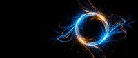 Abstract energy spiral with glowing blue and orange light trails creating dynamic swirl pattern on black background for digital art and futuristic designs.
