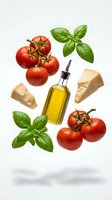 Fresh Italian ingredients floating on white background with ripe tomatoes, basil leaves, olive oil bottle and parmesan cheese for cooking and recipe design.