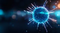 Glowing blue virus cell with spiky surface against dark background with bokeh light effects, scientific visualization of microscopic pathogen structure.