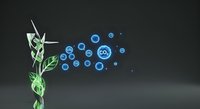 Green plant with leaves releasing CO2 molecules and blue circular icons on dark background, representing carbon emissions, environmental impact, and sustainability concepts for eco-friendly design projects.