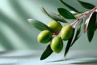 Fresh green olives on branch with leaves against soft blurred background. Natural organic Mediterranean food photography with dramatic lighting.