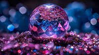 Crystal ball on glittering surface with pink and blue bokeh lights creating magical atmosphere. Mystical fortune telling concept with dreamy background.