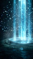 Futuristic holographic portal with glowing blue energy beams and floating particles on dark sci-fi background for technology and gaming projects.