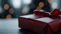 Elegant burgundy gift box with satin red ribbon bow against blurred bokeh background, creating romantic and festive mood for special occasions and holidays.