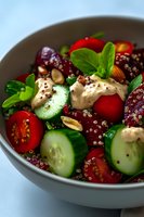 Fresh vegetable quinoa bowl with cherry tomatoes, cucumber slices, beetroot, nuts and creamy sauce garnished with basil leaves in gray ceramic bowl.