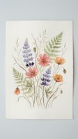 Watercolor wildflower bouquet with lupines, poppies and ferns on textured paper background for botanical art prints and home decor projects.