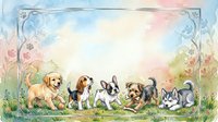 Watercolor puppies playing on green meadow, decorative frame with paw prints, pastel background, copy space for greeting cards or invitations.