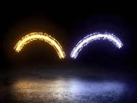 Glowing curved light trails in gold and blue colors against dark background, creating magical effect with reflective surface below. Suitable for fantasy designs.