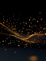 Magical golden light trail with glowing particles and bokeh effect on black background, creating an elegant flowing wave pattern of sparkling dust.