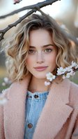 Young blonde woman with wavy hair posing near blooming cherry tree branches in spring. Natural beauty portrait with soft lighting and casual denim outfit.