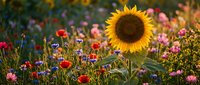 Vibrant sunflower blooms among colorful wildflower meadow with red poppies and pink cosmos flowers in golden sunset light for natural garden design.