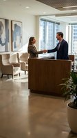 Professional businesswoman and businessman shaking hands in modern corporate office lobby with contemporary furniture and city view windows.