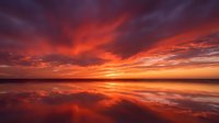 Dramatic sunset over calm water with vibrant orange and red clouds reflecting on the surface, creating a serene landscape scene for nature and travel projects.