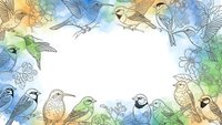 Watercolor bird frame with hummingbirds and songbirds on white background. Nature border with colorful flying birds and floral elements for greeting cards.