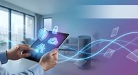 Digital security concept with businessman using tablet displaying cybersecurity icons and data protection symbols in modern office environment.
