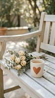 Coffee cup with heart design and cream roses on wooden garden chair creating romantic morning atmosphere for lifestyle content.
