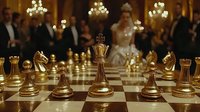 Elegant chess pieces on board with wedding celebration in background, golden bokeh lights create romantic atmosphere during luxury reception party.