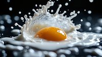 Fresh egg cracking with dynamic milk splash creating crown effect on dark surface. High-speed photography captures culinary moment for cooking concepts.