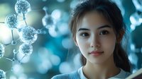 Young Asian woman scientist with molecular structure background in laboratory, scientific research concept with soft blue bokeh lighting effect.