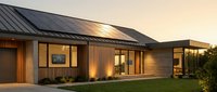 Modern sustainable home with solar panels on roof at sunset showcasing eco-friendly architecture and renewable energy technology for residential living.
