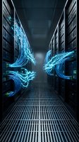 Data center corridor with glowing blue digital energy streams flowing between server racks, representing cloud computing, network infrastructure, and data transmission technology.