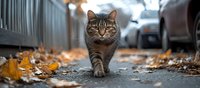 Striped tabby cat walking confidently on autumn street with fallen orange leaves, dramatic panoramic composition with shallow depth of field and moody atmosphere.