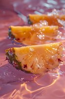 Fresh pineapple slices splashing in water with droplets and ripples against pink background, creating dynamic motion and refreshing summer mood.