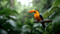 Vibrant toucan perched on branch in lush tropical rainforest setting, surrounded by green foliage with soft bokeh background, side view of exotic bird.