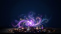 Glowing purple and gold magical swirls burst from ornate vintage boxes on wooden surface against dark background, perfect for fantasy and mystical design projects.