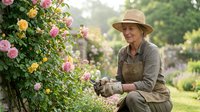Senior woman gardener pruning colorful roses in sunny garden wearing hat and gloves, enjoying outdoor hobby and nature care activities.