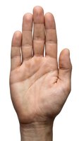 Open palm hand gesture showing stop sign isolated on white background for communication and body language concepts.