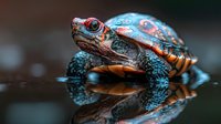 Colorful painted turtle with intricate patterns walking on reflective surface showing mirror image in water, close up macro photography with bokeh background.