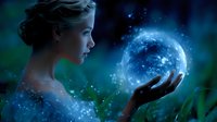 Young woman with glowing magical sphere in palm against dark mystical forest background, ethereal blue light and sparkles creating enchanted atmosphere.