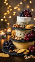 Elegant tiered cheese tower with grapes, walnuts, pistachios and crackers on slate boards, glowing bokeh lights, festive holiday entertaining spread.