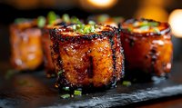 Caramelized pork belly bites garnished with fresh green onions on dark slate plate, glazed with sweet and savory Asian sauce, close up macro shot.