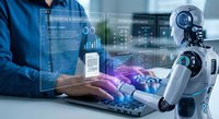 Futuristic robot hand and human collaborating on laptop with holographic data interface displays showing charts and analytics for business automation.